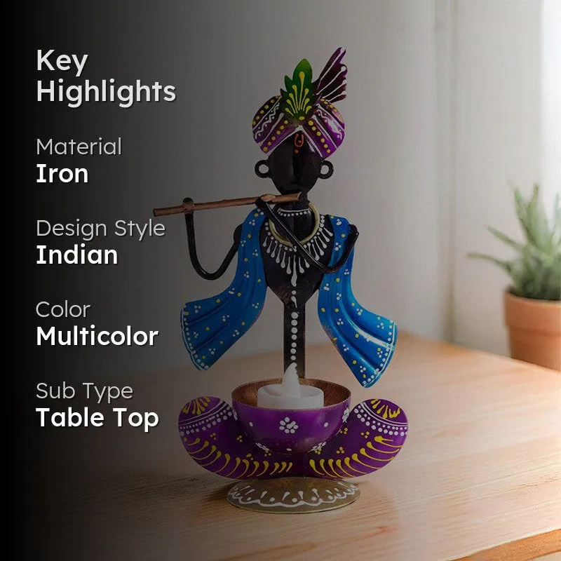 Krishan Iron Figurine with Diya - Blue media 2