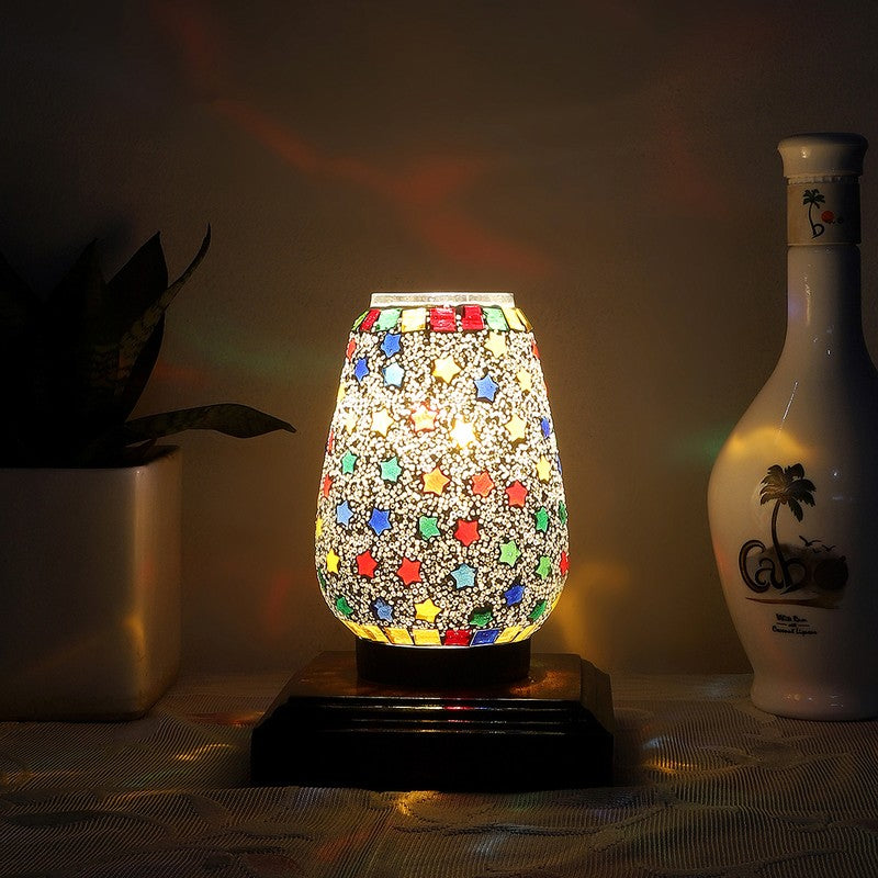 Speckra Glass Table Lamp With Wooden Base - Multicolor