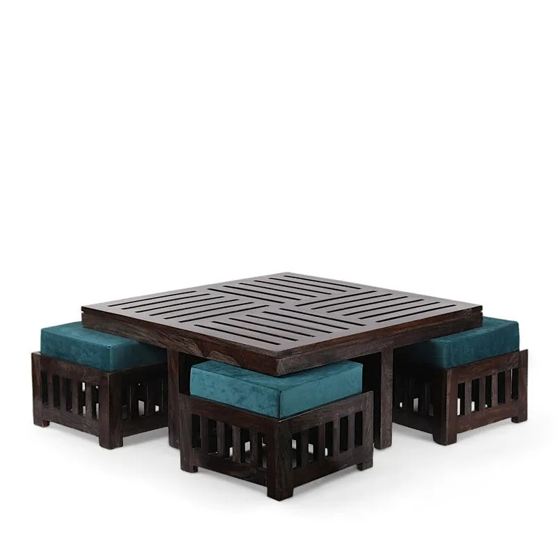 Hexiron Sheesham Wooden Center Table with Stools and Cushions (Brown,Blue) - Nine Piece Set media 5