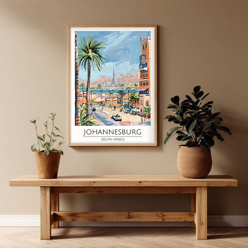 Vintage Johannesburg Framed Canvas Archival Canvas Wall Painting - Natural Brown Frame