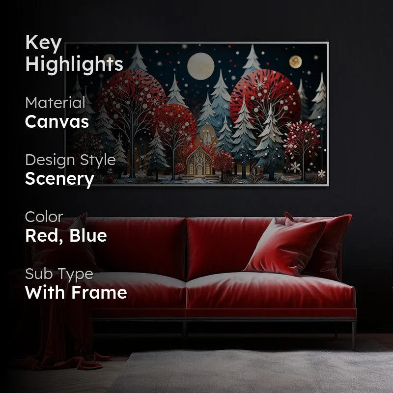 Winter Forest Cottage Landscape Canvas Wall Painting With Frame - White media 2