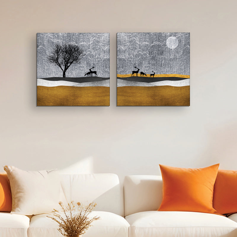 Stags in the Mist Canvas Wall Painting - Set Of Two