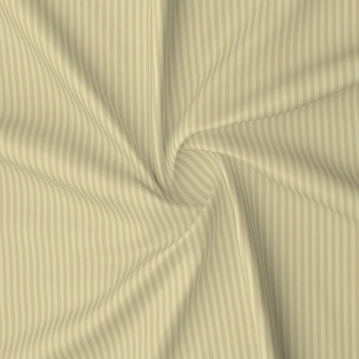 Close-up of beige striped fabric gathered to show the drape and pattern.