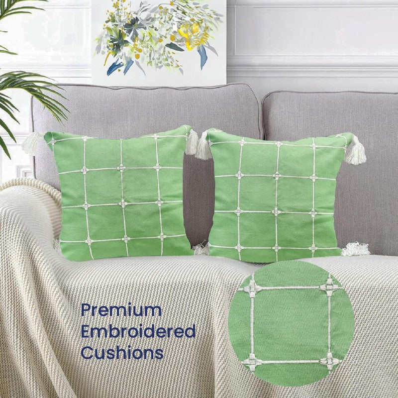 Urban Space Modern Grid Green Cotton Cushion Covers - Set Of Two media 3