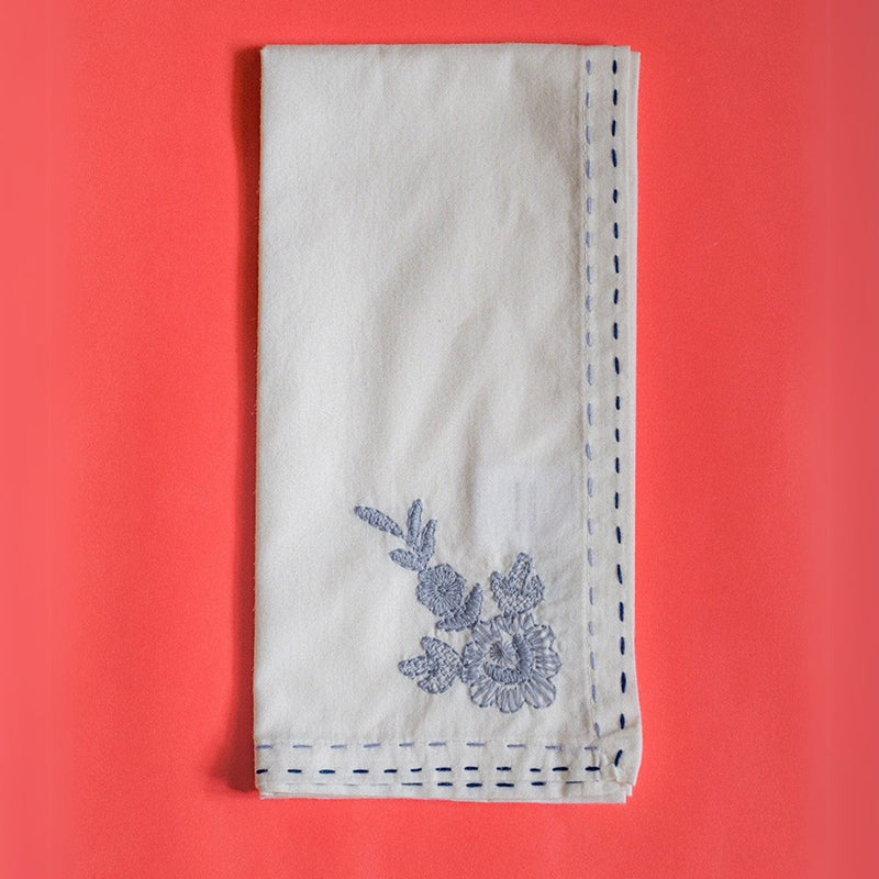 Threaded Blossom Embroidered Cotton Table Napkin (Blue) - Set Of Six media 4