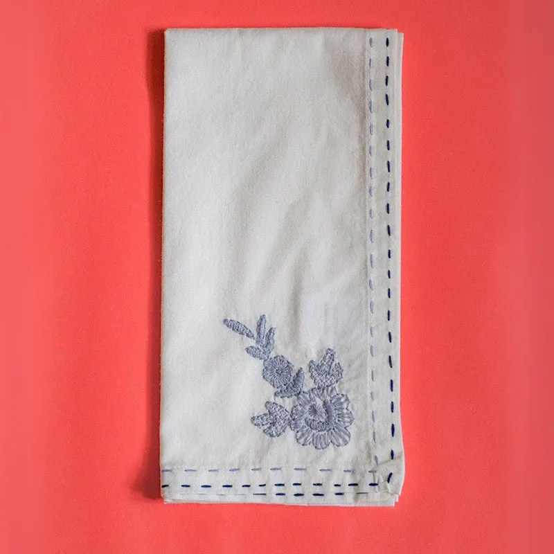 Threaded Blossom Embroidered Cotton Table Napkin (Blue) - Set Of Six media 4