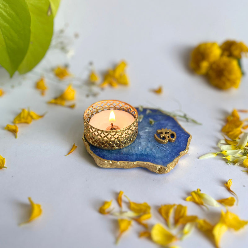 Om Handcrafted Agate Tealight Candle Holder - Blue
