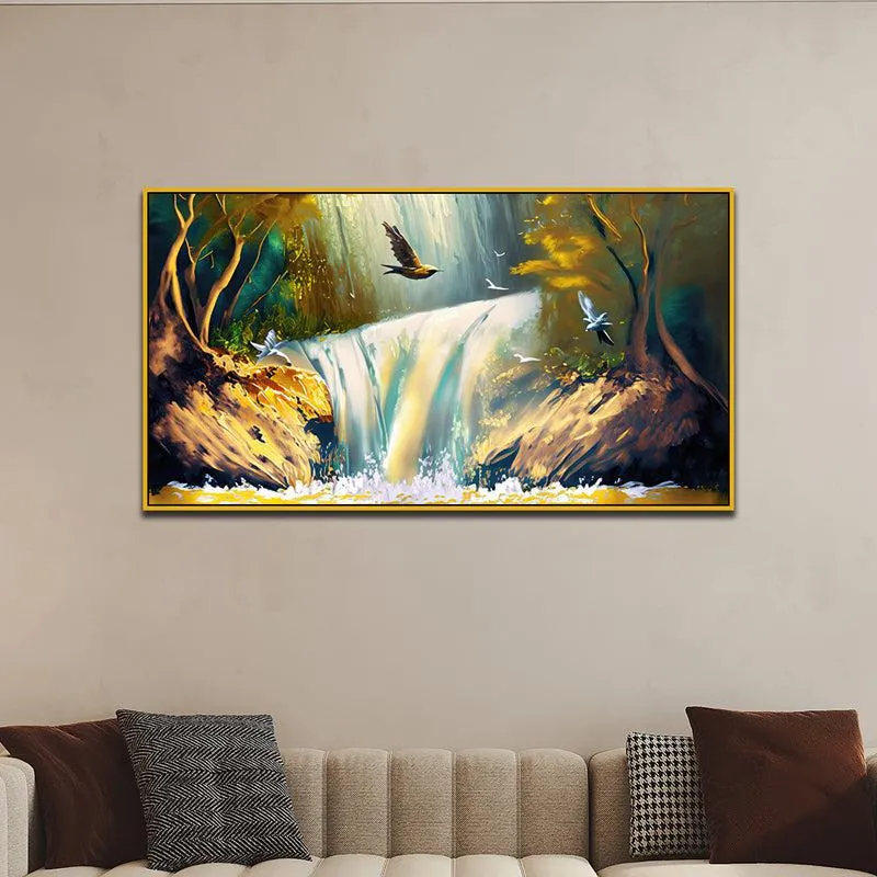 Enchanted Waterfalls Landscape Canvas Wall Painting With Frame - Gold media 1