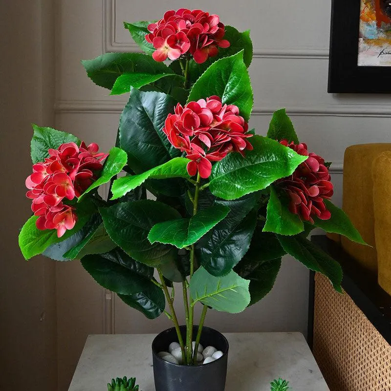 Faux Everlasting Hydrangea Plant With Black Plastic Pot (Red) - 76 cm (2.5 ft) - 3