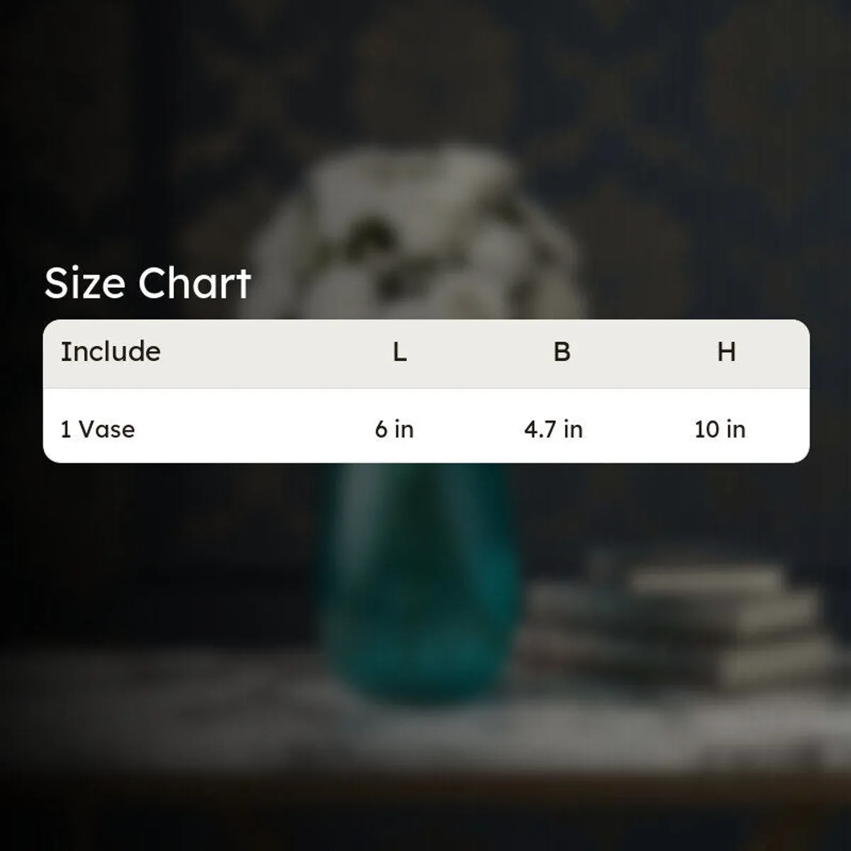 Blurred vase scene with a white information table overlay