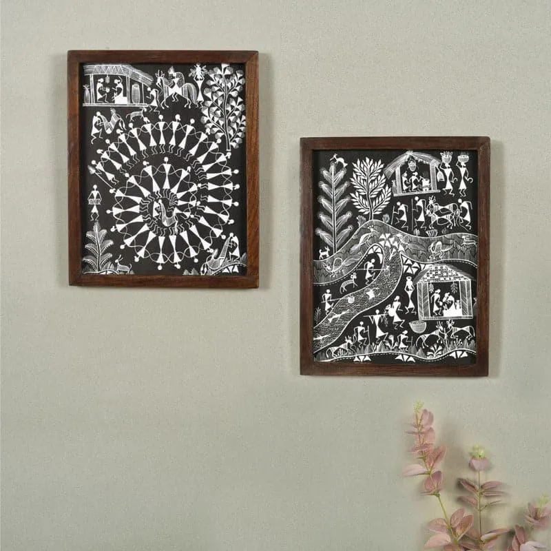 Life Of Warli Canvas Wall Art - Set Of Two media 1