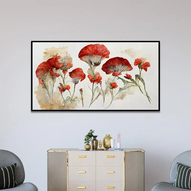 Red Autumn Blooms Floral Canvas Wall Painting With Frame - Black media 1