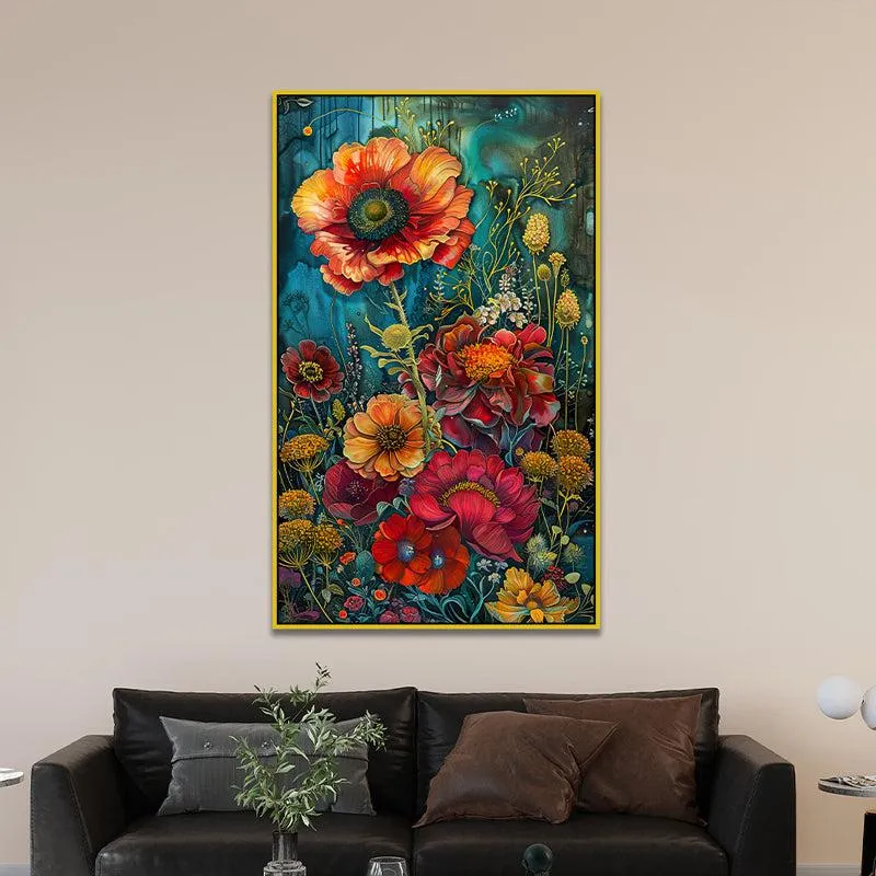 Vibrant Poppy Trance Floral Canvas Wall Painting With Frame - Gold media 1