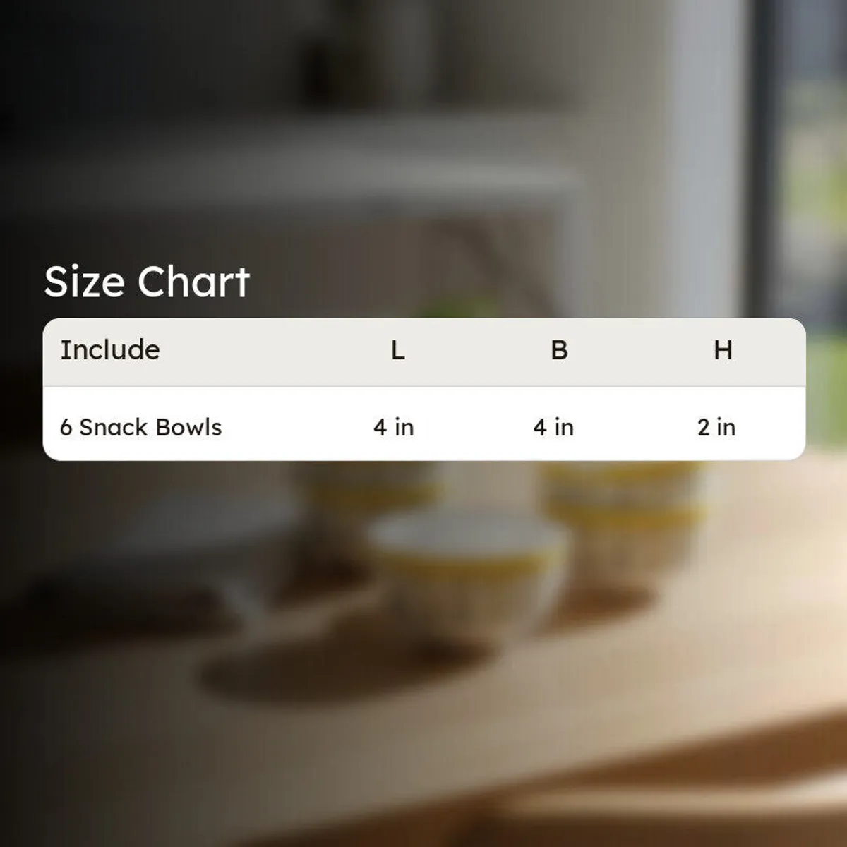 White snack bowl shown with illustrated size reference on a guide image.