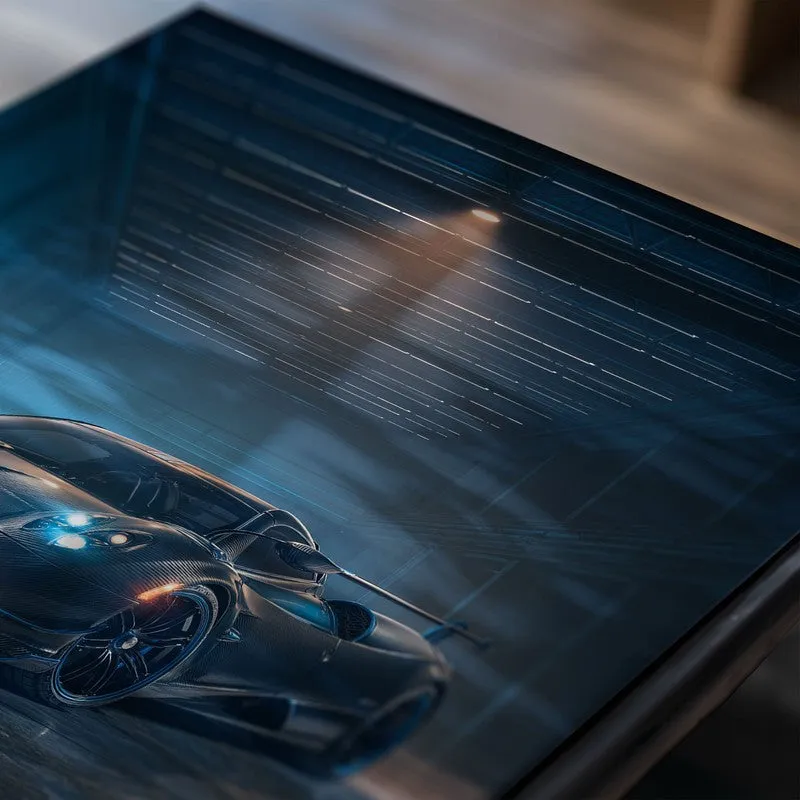 Close-up of a glossy poster featuring a dark sports car in a blue-lit space