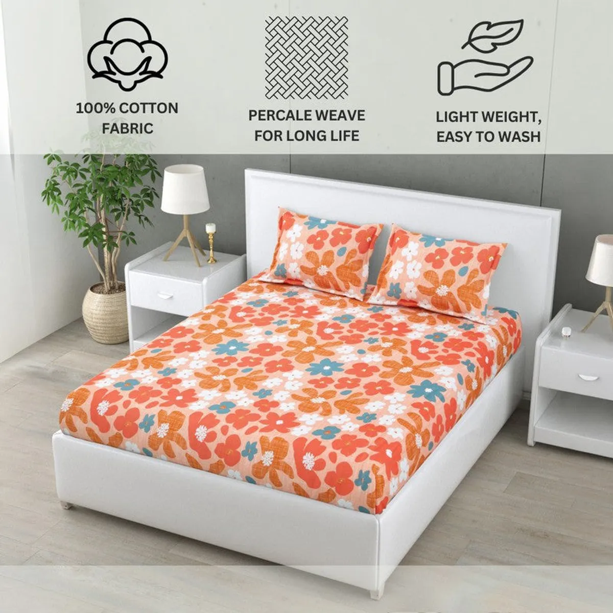 Floral bedsheet styled on a bed with matching pillow covers