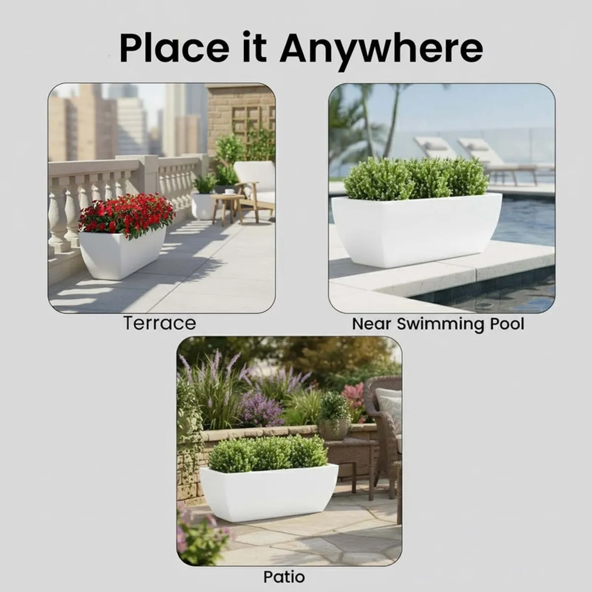 White planter with greenery shown on a terrace, patio and near a pool.