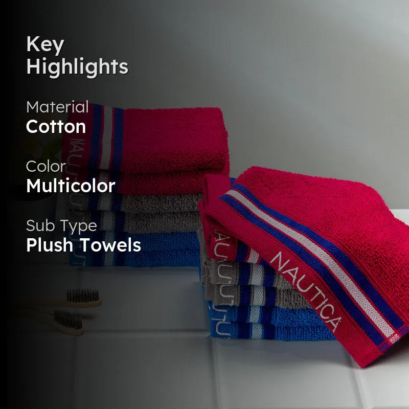 Colourful stacked Nautica towels with material, colour and plush-towel highlights