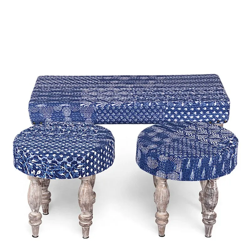 Delvo Sheesham Wooden Bench with Stools (Blue) - Three Piece Set media 3