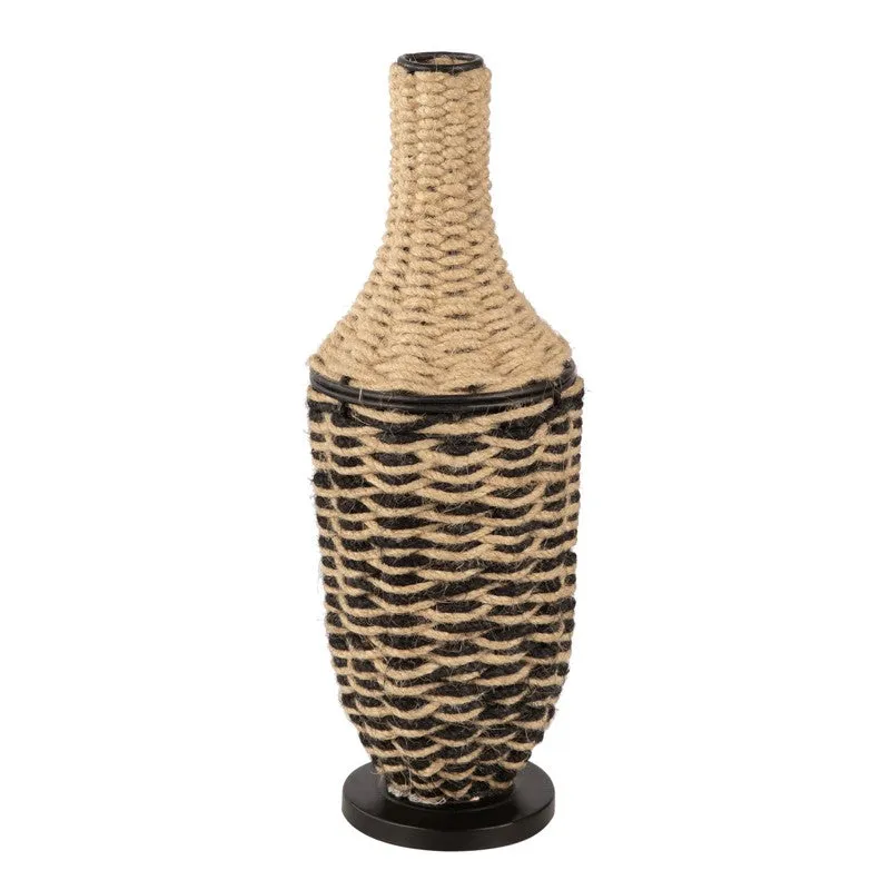 Front view of a black and brown jute vase on a white background