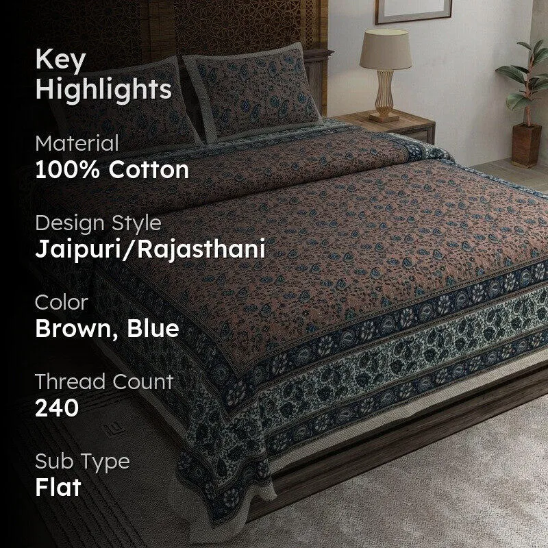 Floraus Cotton Bedsheet (Brown,Blue) - 240 TC media 2