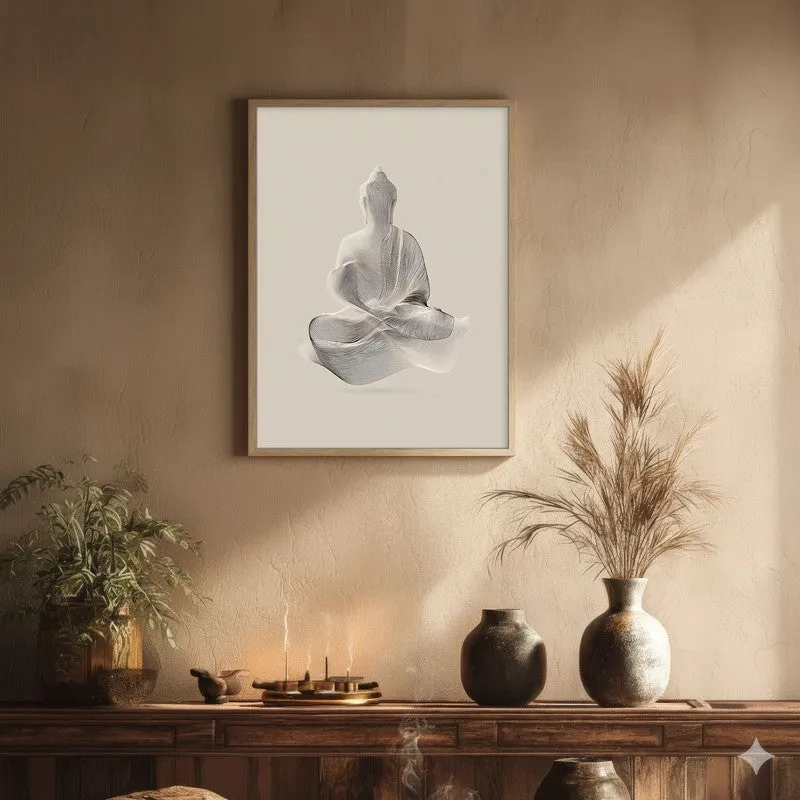 Tranquil Form of Buddha Wall Painting With Brown Frame media 1