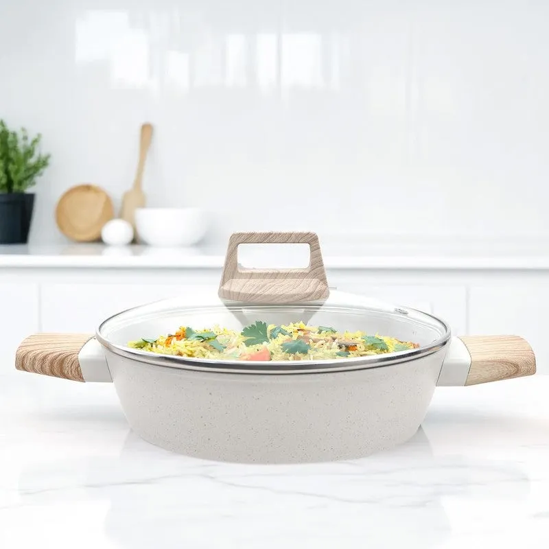 Solara Brewora Ceramic Round Kadhai With Lid (White & Brown) - 2200 mL media 1