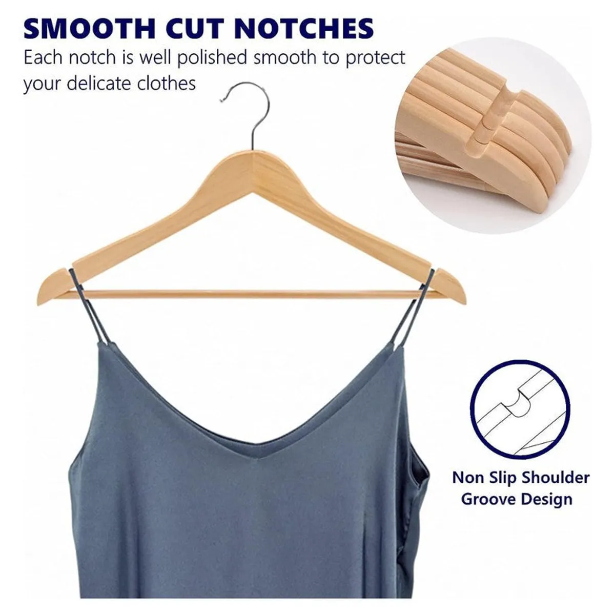 Wooden hanger with shoulder notches holding a camisole