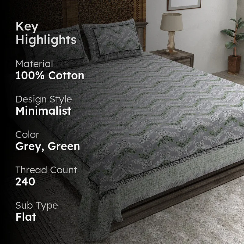 Bloomix Cotton Bedsheet (Grey,Green) - 240 TC media 2