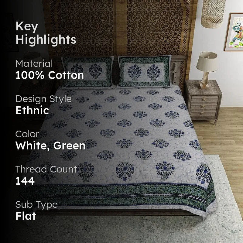 Anant Floral Cotton Bedsheet (Green) - 144 TC media 2