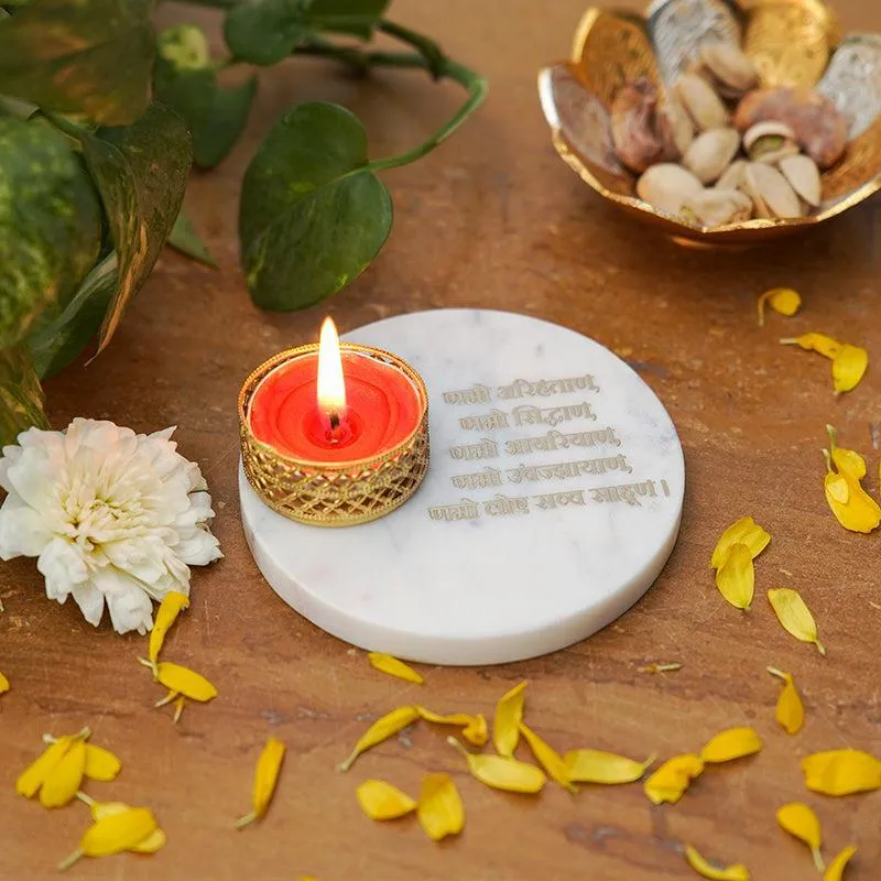Namokar Mantra White Marble Religious Accent With Tea Light Holder media 4