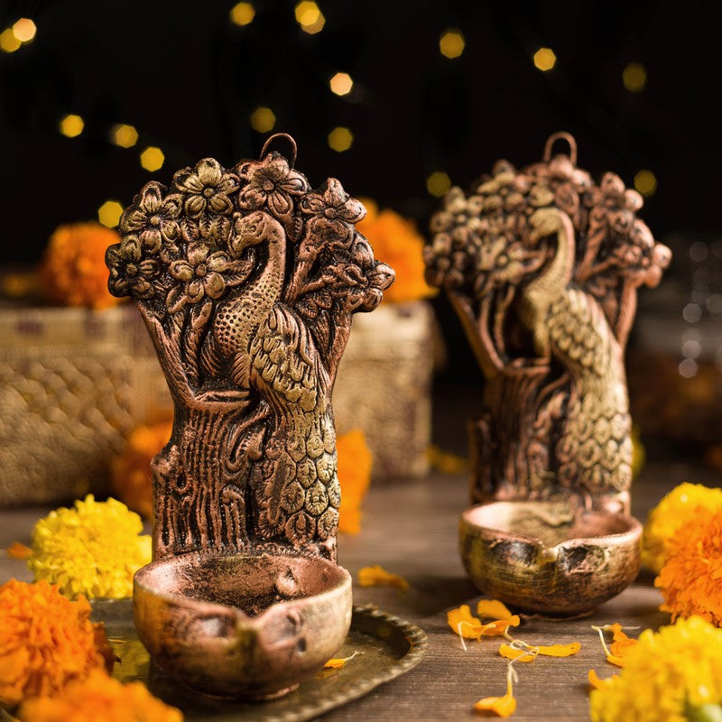 Peacock Hanging Diya - Set Of Two media 6