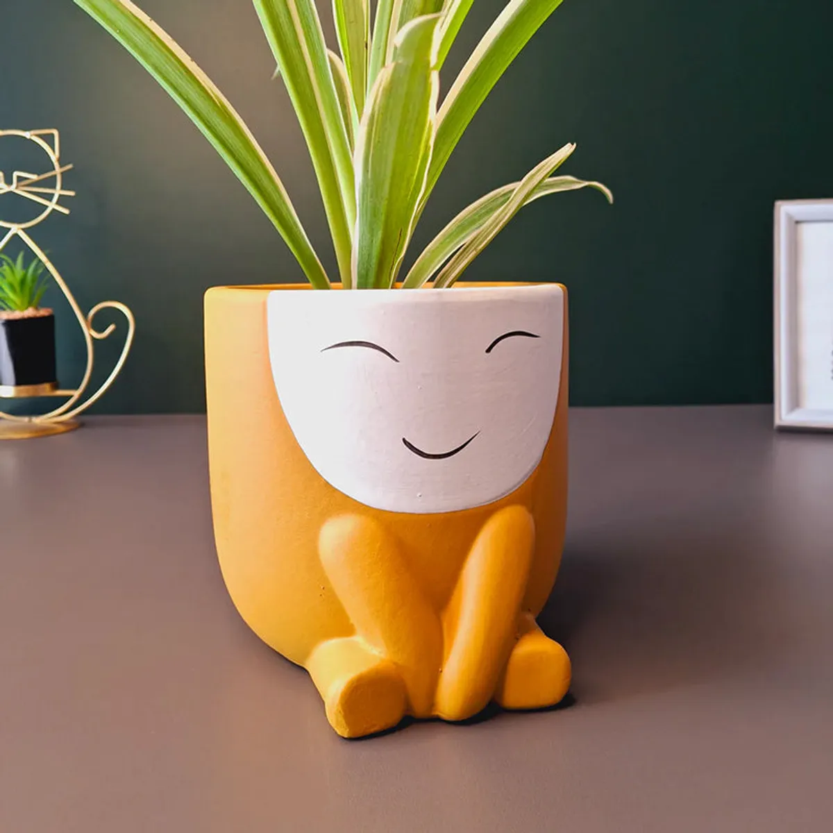 Orange face planter holding a green plant against a dark background