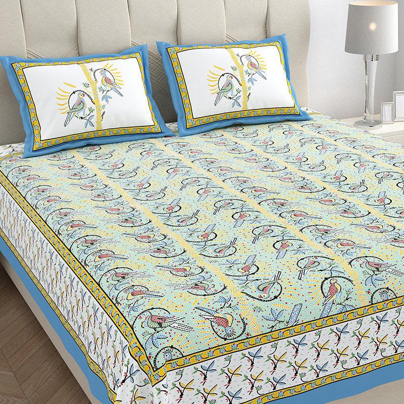 Tara Tranquility Ethnic Cotton Bedsheet (Green &  Blue) - 150 TC media 3