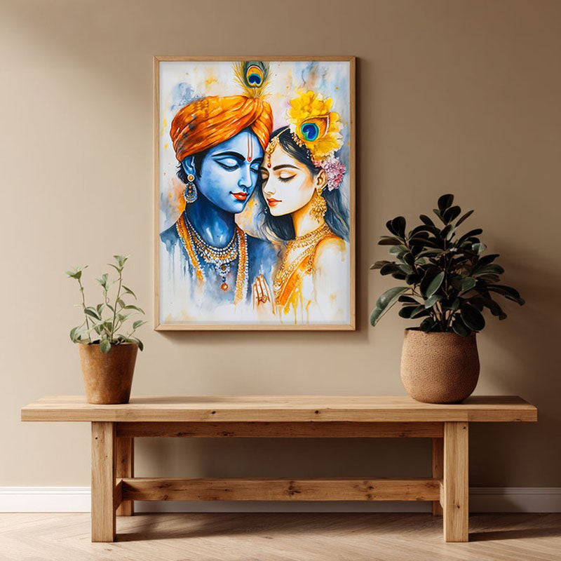 Vrindavana Radhe Krishna Spiritual Archival Paper Wall Painting - Natural Brown Frame