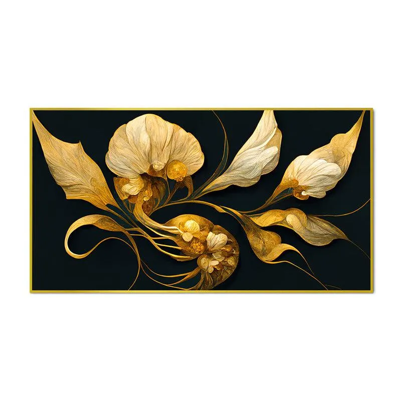 Aurum & Obsidian Floral Canvas Wall Painting With Frame - Gold media 4