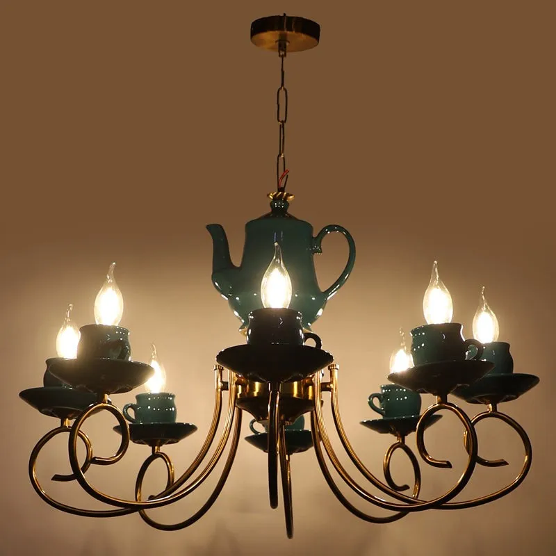 Artistic Teapot Iron Chandelier - Blue & Gold media 5