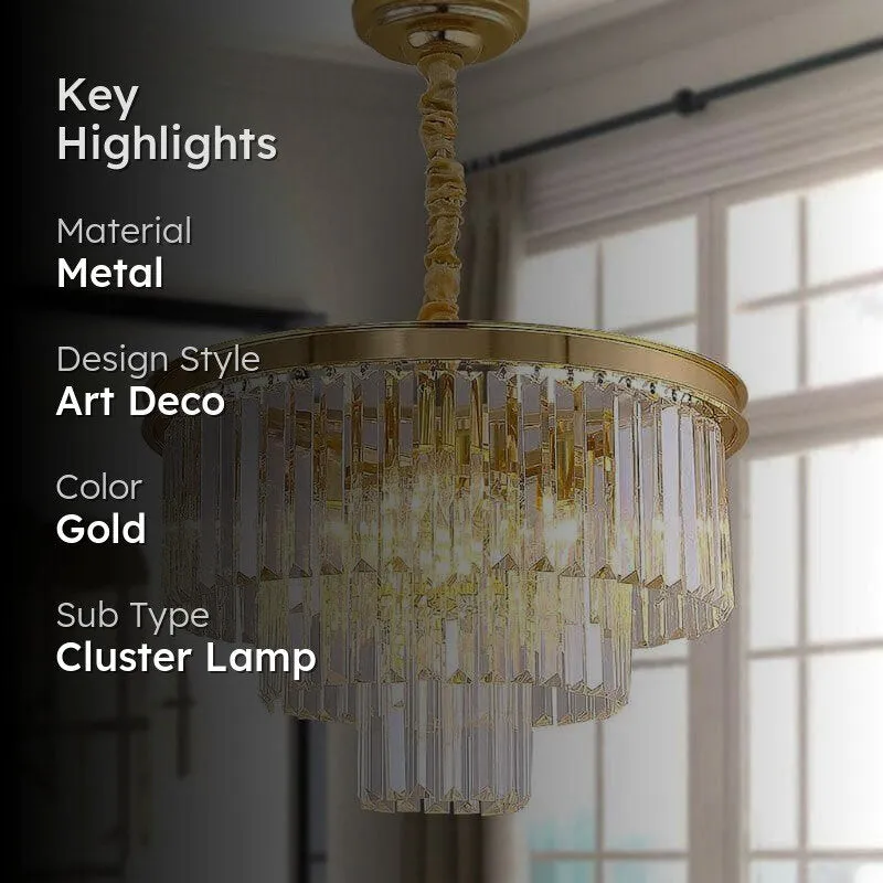 Gold chandelier in a styled room with a dark text overlay panel