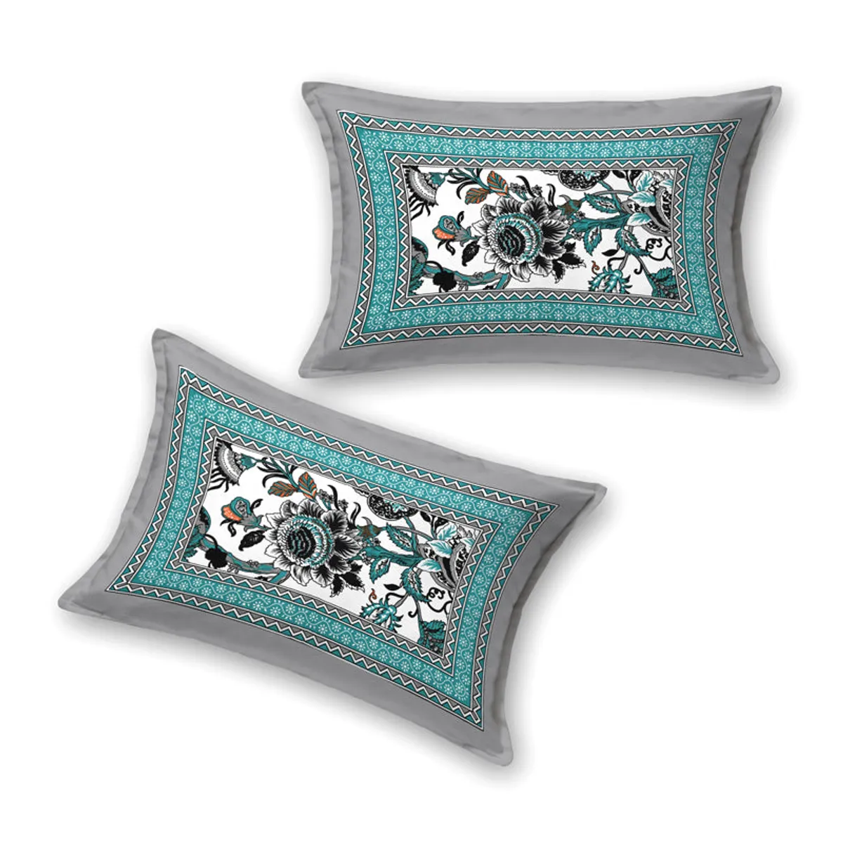 Two matching pillow covers with floral print and blue border