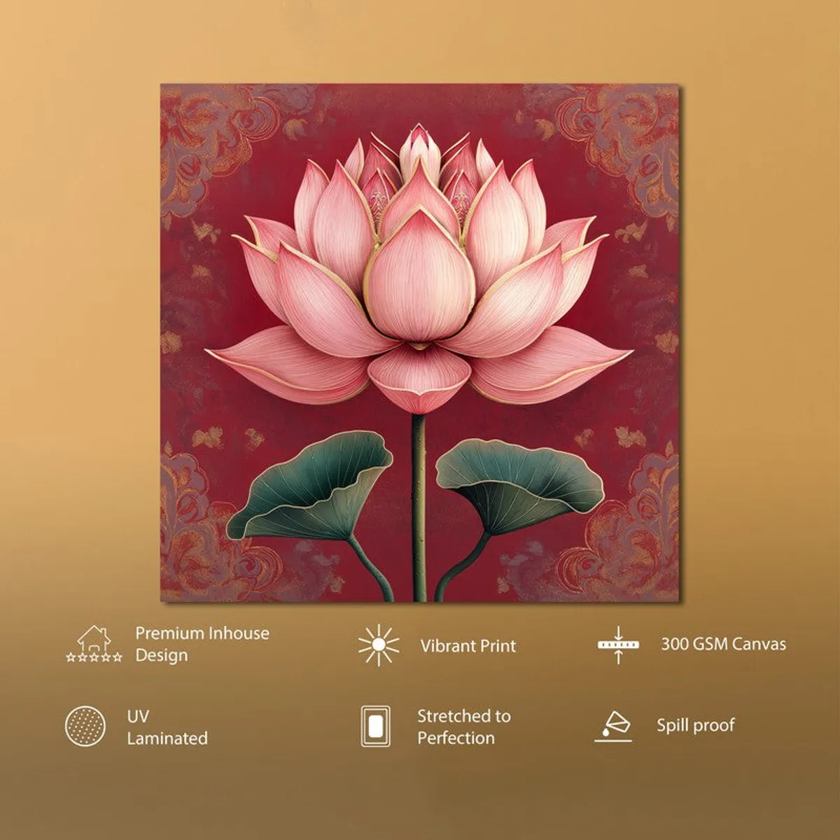 Lotus wall painting shown against a plain ochre background
