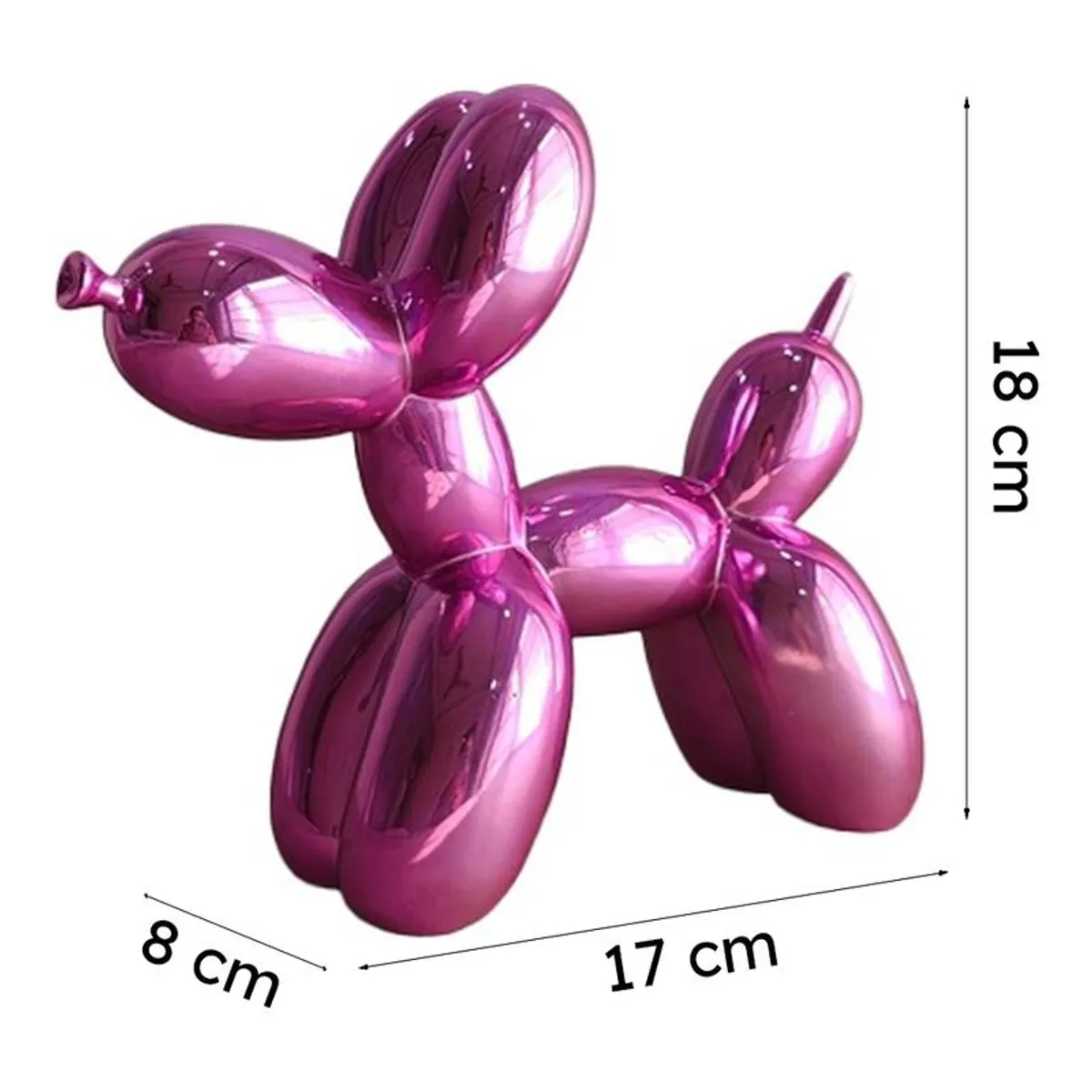 Pink balloon dog showpiece shown on a white background with printed size markings.