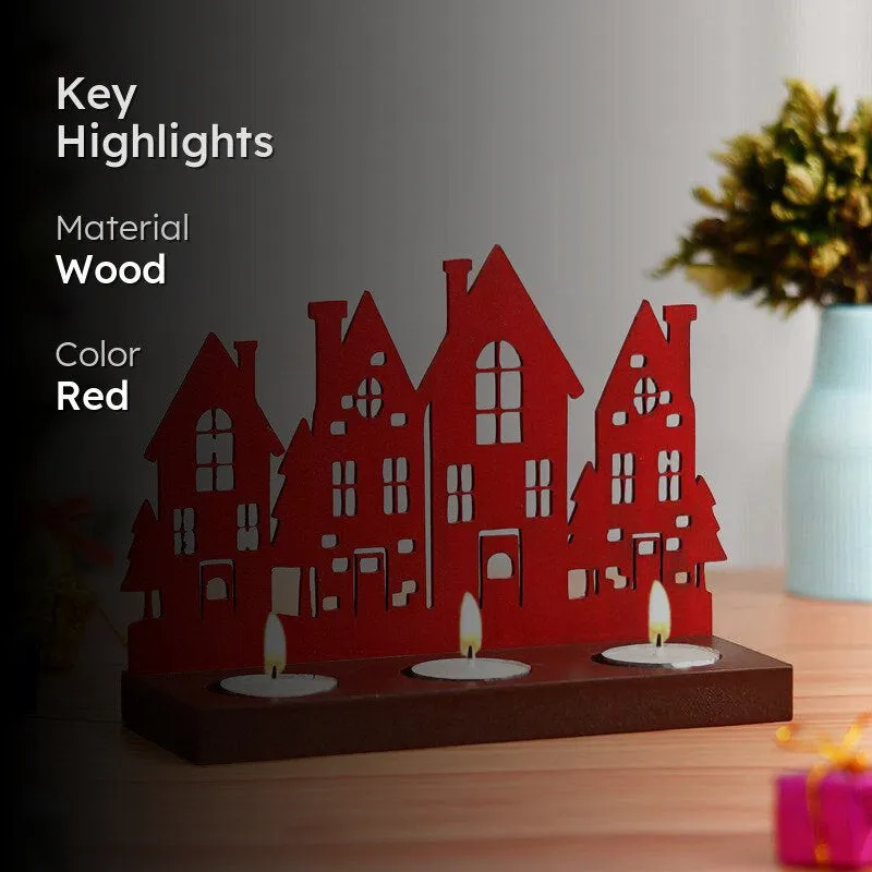 Holiday Village Wood Christmas Tea Light holder - Red media 2