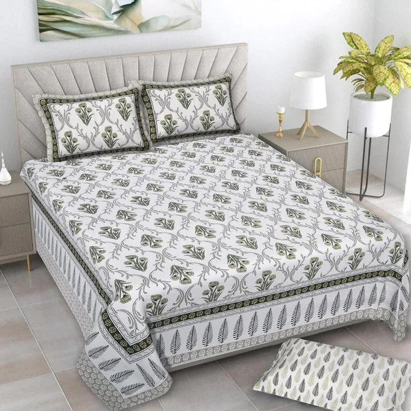 Giselle Floral Cotton Bedsheet (Green) - 160 TC media 1