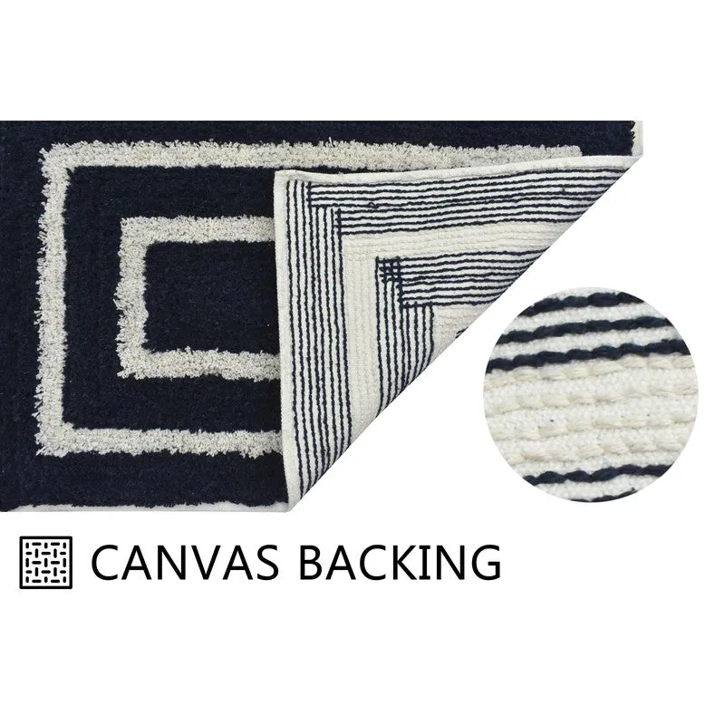 Close-up of the blue and white bath mat with its canvas backing folded over