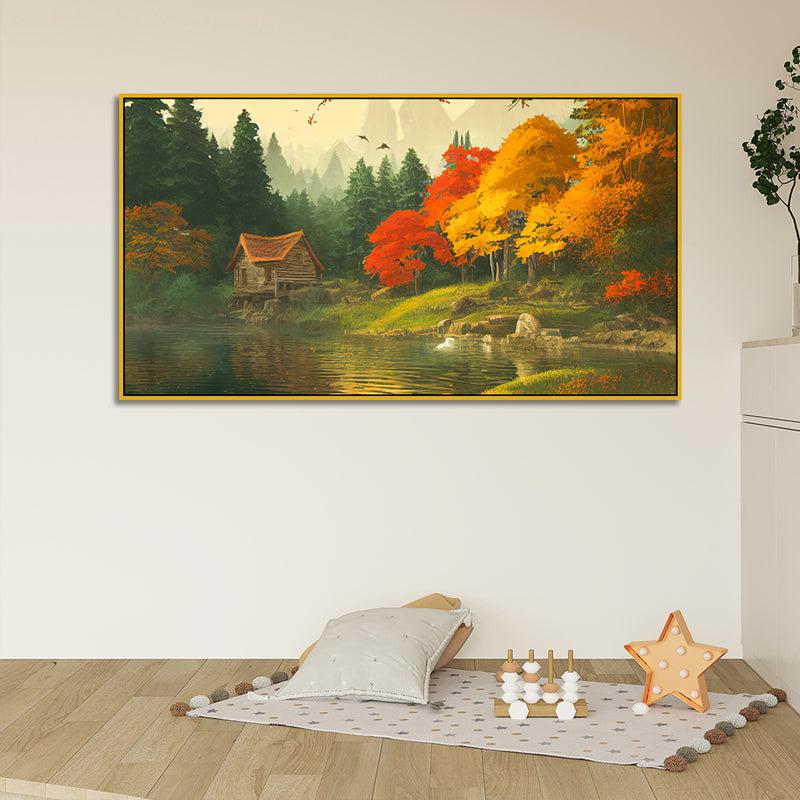 Autumn Cottage Lake Canvas Wall Painting With Gold Frame media 3