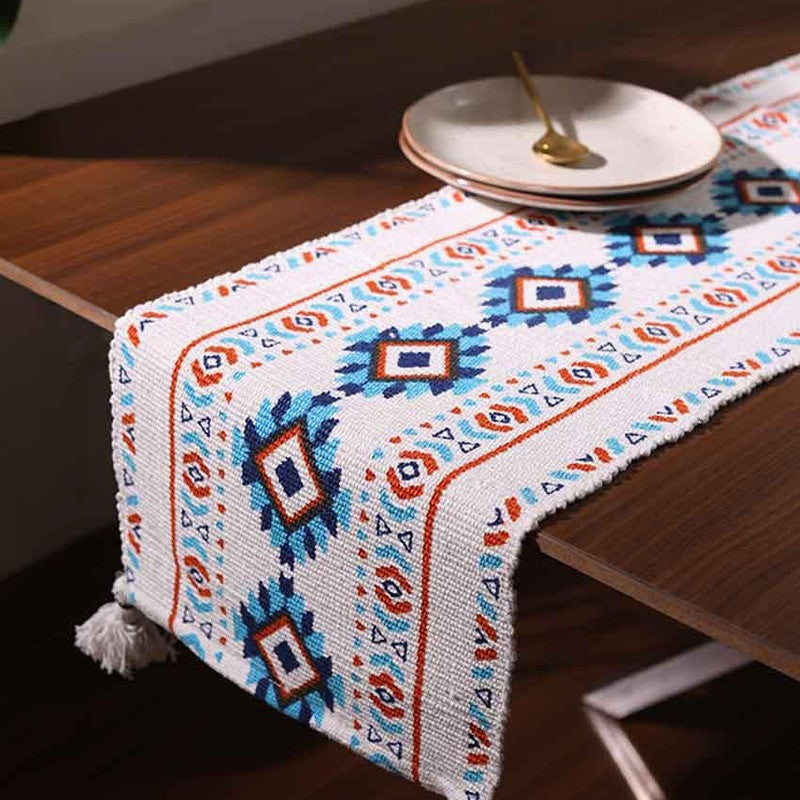 Aztec Handloom Tasseled Cotton Table Runner media 5