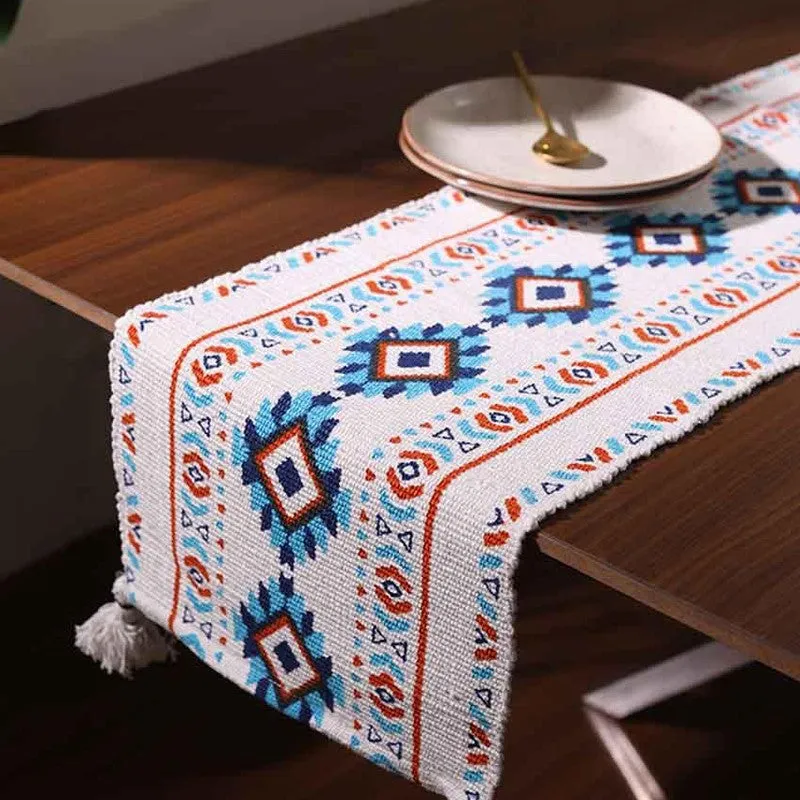 Aztec Handloom Tasseled Cotton Table Runner media 5