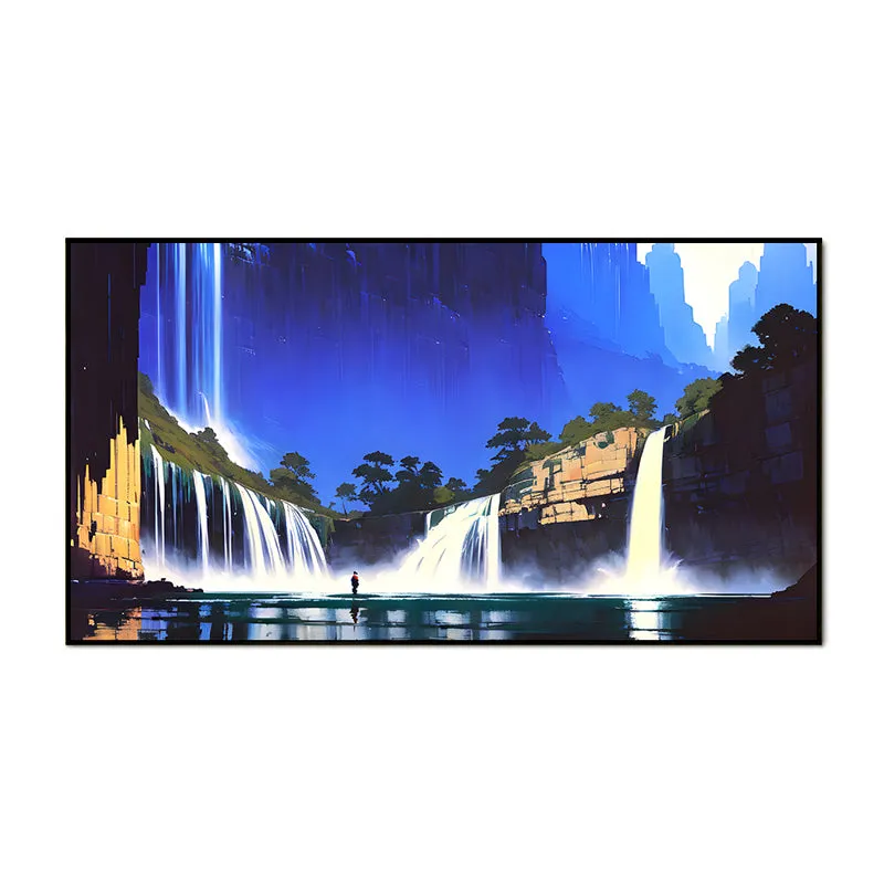 Midnight Waterfalls Landscape Canvas Wall Painting With Frame - Black media 5