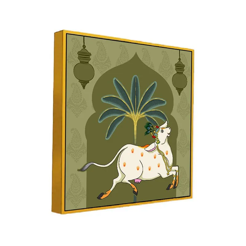 Cow In Banana Grove Canvas Wall Painting With Frame - Gold media 3