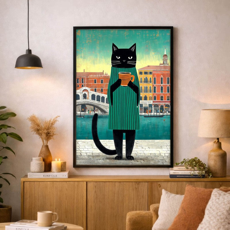 Midnight Poise Cat Wall Painting With Frame